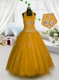 Wonderful Halter Top Sleeveless Little Girls Pageant Dress Wholesale Floor Length Appliques Orange Tulle