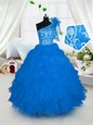 Affordable One Shoulder Sleeveless Organza Floor Length Lace Up Little Girls Pageant Gowns in Aqua Blue for with Embroidery and Ruffles