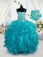 Ball Gowns Child Pageant Dress Baby Blue Halter Top Organza Sleeveless Floor Length Lace Up