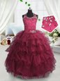Scoop Sleeveless Organza Floor Length Lace Up Pageant Gowns For Girls in Watermelon Red for with Beading and Ruffled Layers