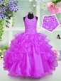 Superior Halter Top Lilac Organza Lace Up Girls Pageant Dresses Sleeveless Floor Length Beading and Ruffled Layers