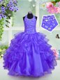 Blue Organza Lace Up Halter Top Sleeveless Kids Pageant Dress Beading and Ruffled Layers