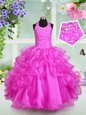 Cheap Halter Top Fuchsia Sleeveless Beading and Ruffled Layers Floor Length Kids Pageant Dress
