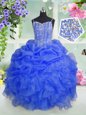 Pick Ups Floor Length Ball Gowns Sleeveless Baby Blue Kids Pageant Dress Lace Up