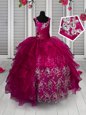 Floor Length Fuchsia Pageant Gowns For Girls Organza Sleeveless Appliques and Ruffled Layers