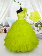 Yellow Green Organza Lace Up One Shoulder Sleeveless Floor Length Little Girls Pageant Dress Wholesale Embroidery and Ruffles