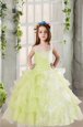 Light Yellow Organza Lace Up Square Sleeveless Floor Length Little Girls Pageant Dress Lace and Ruffled Layers