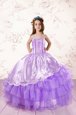Fashion Floor Length Lavender Little Girls Pageant Dress Organza Sleeveless Embroidery and Ruffled Layers