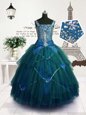 Enchanting Teal Ball Gowns Beading and Belt Girls Pageant Dresses Lace Up Tulle Sleeveless Floor Length