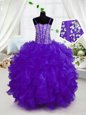 Beading and Ruffles Little Girls Pageant Gowns Purple Lace Up Sleeveless Floor Length