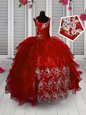 Cute Red Ball Gowns Straps Sleeveless Organza Floor Length Lace Up Appliques and Ruffled Layers Little Girls Pageant Gowns