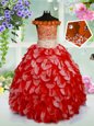 Beautiful Off The Shoulder Sleeveless Child Pageant Dress High Low Beading and Hand Made Flower Red Organza