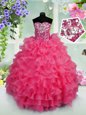 Floor Length Lace Up Child Pageant Dress Hot Pink and In for Party and Wedding Party with Ruffled Layers and Sequins