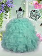 Scoop Sequins Turquoise Sleeveless Organza Zipper Kids Pageant Dress for Party and Wedding Party