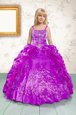 Classical Spaghetti Straps Sleeveless Little Girls Pageant Dress Wholesale Floor Length Beading and Appliques and Pick Ups Fuchsia Satin