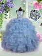 Hot Selling Scoop Light Blue Sleeveless Ruffles and Sequins Floor Length Child Pageant Dress