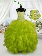 Yellow Green Ball Gowns Organza Spaghetti Straps Sleeveless Beading and Ruffles Floor Length Lace Up Little Girls Pageant Dress