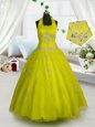 Latest Halter Top Yellow Tulle Lace Up Little Girl Pageant Gowns Sleeveless Floor Length Appliques