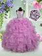 Scoop Floor Length Zipper Little Girl Pageant Gowns Lilac and In for Party and Wedding Party with Ruffles and Sequins