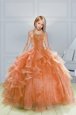 Halter Top Sleeveless Kids Pageant Dress Floor Length Beading and Ruffles Orange Organza