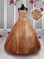 Glorious Sleeveless Floor Length Beading and Sequins Lace Up Little Girls Pageant Dress with Rust Red