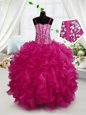 Spaghetti Straps Sleeveless Pageant Gowns For Girls Floor Length Beading and Ruffles Hot Pink Organza