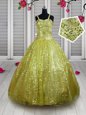 Turquoise Sleeveless Floor Length Beading and Sequins Lace Up Kids Pageant Dress