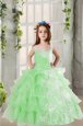 Square Sleeveless Little Girl Pageant Dress Floor Length Lace and Ruffled Layers Apple Green Organza