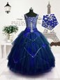 Beading and Belt Kids Pageant Dress Royal Blue Lace Up Sleeveless Floor Length