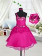 Sleeveless Organza Knee Length Lace Up Pageant Gowns For Girls in Fuchsia for with Beading and Hand Made Flower