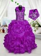 Halter Top Sleeveless Floor Length Beading Zipper Little Girl Pageant Gowns with Purple