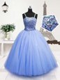 Low Price Sleeveless Floor Length Beading and Sequins Zipper Child Pageant Dress with Light Blue