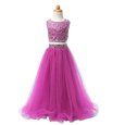 Scoop Fuchsia Sleeveless Floor Length Beading Zipper Flower Girl Dresses