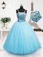 Turquoise Spaghetti Straps Neckline Beading and Sequins Little Girls Pageant Dress Sleeveless Zipper