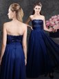 Designer Strapless Sleeveless Homecoming Gowns Floor Length Sequins Navy Blue Chiffon