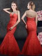 Mermaid Red Cap Sleeves Floor Length Beading and Lace Zipper Celebrity Evening Dresses