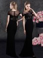 New Arrival Scoop Black Zipper Mother Of The Bride Dress Appliques and Sequins Short Sleeves With Train Sweep Train
