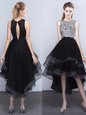 Flare Scoop Black Sleeveless High Low Beading Backless Evening Dress