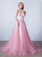 High End Pink Prom Dress Prom and For with Appliques Strapless Sleeveless Brush Train Lace Up