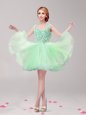 Amazing Halter Top Mini Length Backless Prom Gown Apple Green and In for Prom with Ruffles and Hand Made Flower