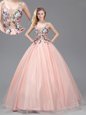 Trendy Straps See Through Baby Pink Sleeveless Floor Length Appliques Criss Cross 15th Birthday Dress