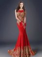 Mermaid Scoop Red Side Zipper Prom Gown Appliques Sleeveless With Brush Train