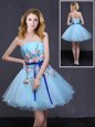 Suitable Baby Blue Organza Lace Up Prom Party Dress Sleeveless Mini Length Appliques and Belt