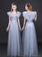 Simple Lace Grey Short Sleeves Appliques and Belt Floor Length Prom Party Dress