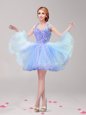 Halter Top Backless Mini Length Blue Homecoming Dress Tulle Sleeveless Ruffles and Hand Made Flower