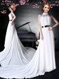 Graceful Halter Top Sleeveless Court Train Appliques and Belt Backless Prom Dresses