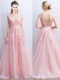 Customized Appliques and Belt Dress for Prom Baby Pink Backless Sleeveless With Brush Train