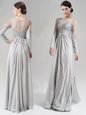 Ideal Silver Zipper Scoop Beading and Lace Prom Party Dress Chiffon Long Sleeves