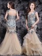 Mermaid Champagne Sleeveless With Train Appliques and Ruffles Zipper Prom Party Dress