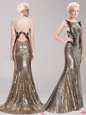Mermaid Square Sleeveless Sequined Prom Dress Appliques and Sequins Brush Train Clasp Handle